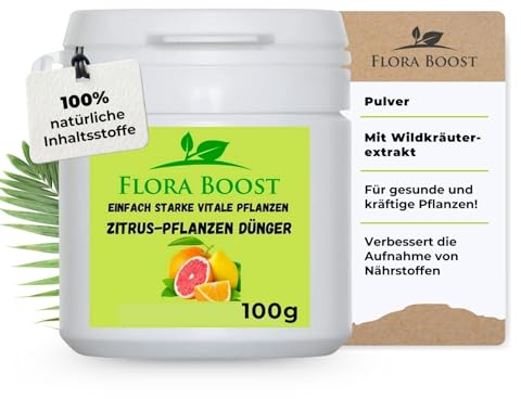 Konfitee Zitrus Dünger Flora Boost 100g I Für bis zu 100L Gießwasser I Dünger in Pulverform I Für alle Zitruspflanzen geeignet I Blatt- & Wurzeldünger I 100% natürlicher Pflanzendünger