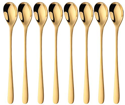 BISDARUN Latte Macchiato Löffel mit Langem Stil Edelstahl 304 Eislöffel 20,5CM(8 Inch) 8-teilig Lange Löffel für Kaffee Teel Dessertlöffel - Gold