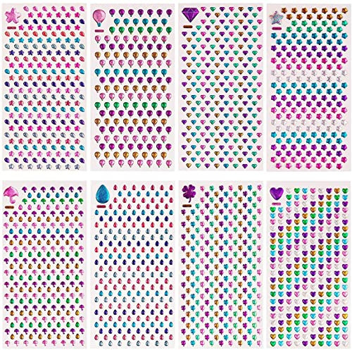 SAVITA 2000 + Strass-Aufkleber, 3D-Ohr, Glitzer, Kristall, für Kinder, mehrere Farben und Formen (9 Bögen)
