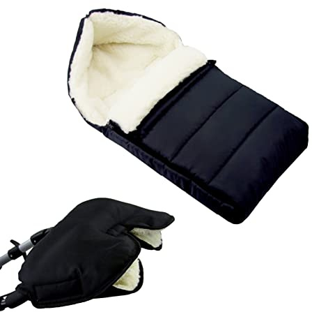 BAMBINIWELT KOMBI-ANGEBOT Muff + vinterväska 90 cm – av lammull för barnvagn, buggy, hjulberlock – ylle – fodrad svart