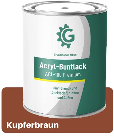 Grundmann Acryllack ACL 100 - Braun 0,7 Kg - 4in1 Lack inkl. Grundierung - Innen und Außen - Für Holz, Metall, Stein & Kunststoff - Kupferbraun RAL 8004