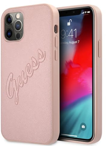 GUESS GUHCP12MRSAVSRG Coque pour iPhone 12/12 Pro 6,1 Rose Saffiano Vintage Script