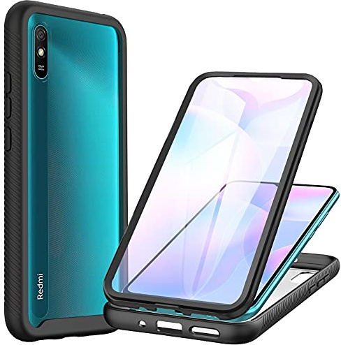 CENHUFO Funda Xiaomi Redmi 9A / 9AT, 360 Grados Antigolpes con Protector Pantalla Integrado Robusta Doble Cara Bumper Case Transparente Anti-Amarilleo Capa Carcasa para Xiaomi Redmi 9A/9AT -Negro