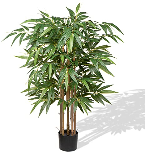 Hollyone 4ft Artificial Bamboo Plants Tall Artificial Plants, Decorative Fake Trees With Real Wood Trunks and Lifelike Leaves, for Home Living Room Office Indoor