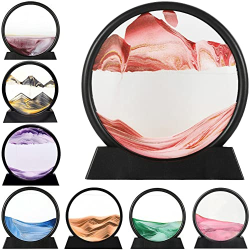 LINPING Fließendes Sandgemälde, bewegliches Sandkunstbild, rundes Glas, 3D-Tiefsee-Sandlandschaft in bewegter Anzeige,Sandrahmen, Heim- und Büro-Desktop-Dekorationen (Rot, 7 Zoll)