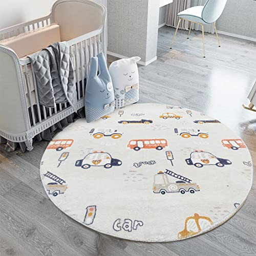 Poowe Runder Teppich, 1 m, weiche Kunstwolle, Kinderspielmatte für Schlafzimmer, Wohnzimmer, Auto, LKW, Spielmatte, Bauernhaus-Stil