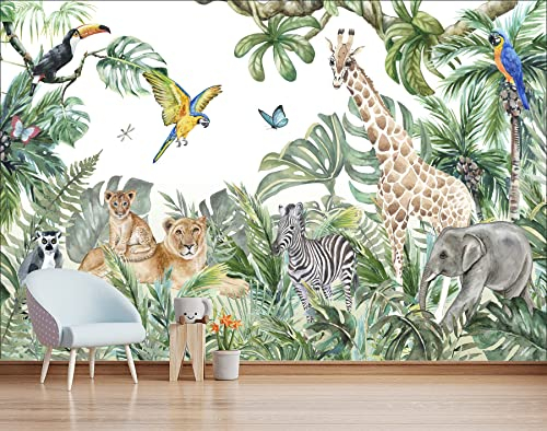 MWSSEGGE Vliestapete, Dschungeltiere, Giraffe, Elefant, Löwe, Poster, Fototapete, für Wohnzimmer, Schlafzimmer, Kinderzimmer, Wanddekoration (366 x 254 cm)