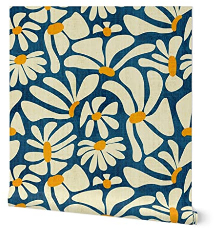 Spoonflower Peel & Stick Wallpaper Swatch - Retro Daisy Flower Power Blue Floral Vintage Groovy 70S 60S Custom Removable Wallpaper