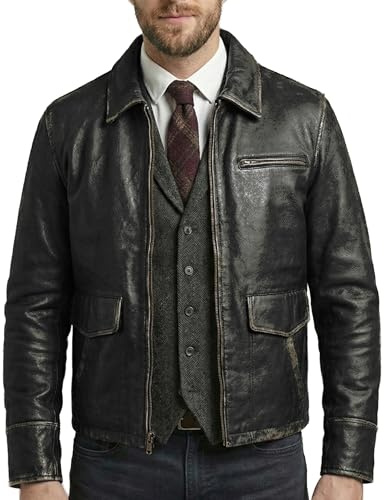 SHOP OF JACKETS LIMITED Real Leather Jacket Mens | Genuine Lambskin Biker Black Jacket | Made With Vintage Styled Distress Leather | Size: Medium