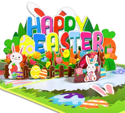 GREETING ART Pop Up Karte Ostern,Pop Up 3D Grußkarte,3d Osterkarten,Frohe Osterkarte,Kaninchen Grußkarten für Ostern,Pop Up Karte Handgefertigte mit Umschlag Perfektes Ostergeschenk
