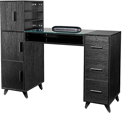 OmySalon Manicure Table Nail Desk for Nail Tech w/Glass Top & Wrist Rest, Beauty Salon Nail Supplies Decor Workstation Acetone Resistant w/3 Side Cabinet+3 Drawers+3 Layers Open Cabinet+1 Open Drawer