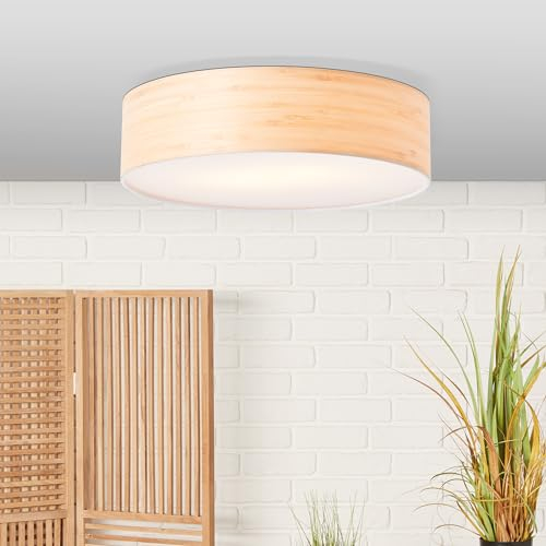 Lightbox dimmbare Deckenlampe im Nature Stil - dekorative Deckenleuchte - 2x E27 max. 33W - für Wohnzimmer - aus Metall/Holz, in holz hell/weiß - Ø 38cm