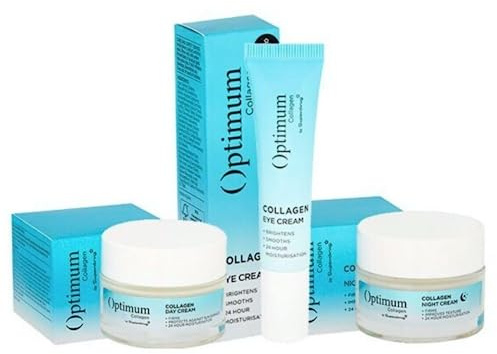 Superdrug Optimum Collagen Tagescreme mit LSF 50 ml, Nachtcreme 50 ml und Augencreme 15 ml – BUNDLE 3er Set