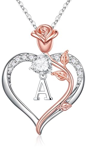 Tingn Rosen Herz Halskette, 14K Vergoldet Weißgold CZ Buchstaben Kette - Geschenke für Frauen, Freundin, Mädchen zum Geburtstag, Hochzeit, Weihnachten, Valentinstag