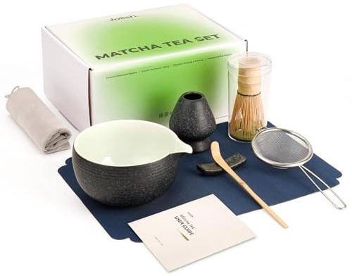 Joiish Matcha Set, Komplett Matcha Kit 7-teilig, Bambus Besen und Schüssel mit Ausguss，Sieb, Löffel & Zubehör für Traditionelle Japanische Teezeremonie, Macha Tee Geschenkset, Schwarz