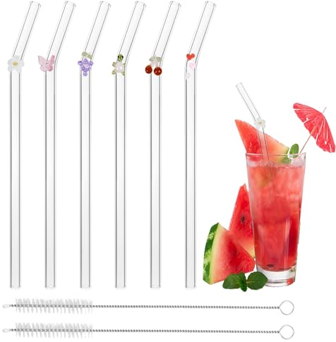 6 PCS Glass Straws, Reusable Straw Drinking Replacement Straws | for Cups Tumbler, Coffee Cup Straw with Cleaning Brush, Long Straws Glass Straws with Design