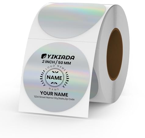 YIKIADA Etiquetas térmicas plateadas de vinilo de 50 mm autoadhesivas para direcciones Impermables impresora pegatinas con purpurina, para logotipo, código de barras, código QR 200 Piezas