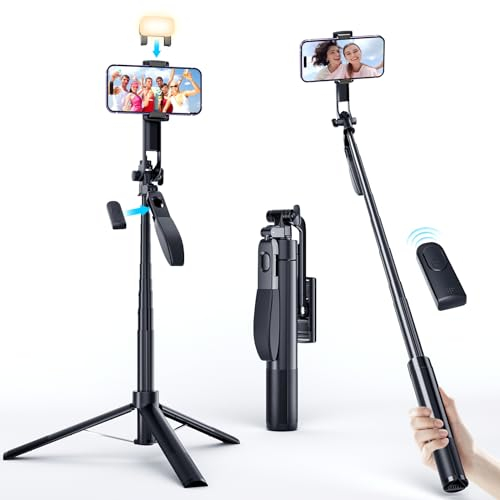 Marchpower Selfie Stick and All in One 67 Extendable Tripod Stand with Fill Light, 360° Rotatable with Detachable Wireless Remote for Live/Travel, Compatible with iPhone Samsung
