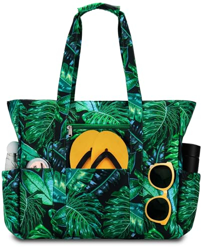 RAVUO Strandtasche Damen, Badetasche XXL Familie Extra Groß Wasserdicht Sanddicht Strandtasche mit Reißverschluss Grüne Blätter