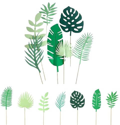 Jungle Cake Toppers, 14 PCS Animal Cake Topper Set for Safari Birthday Party Decorations, Cake Toppers Tropical Leaves Cake Tropical Party Jungle Cupcake Decoration for Decoration Supplies