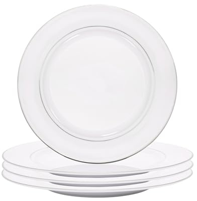 Happy Homewares Set of 4 Premium Durable White Gloss Ceramic Side Plates with Elegant Dual Shiny Silver Metallic Rims - Dishwasher Safe