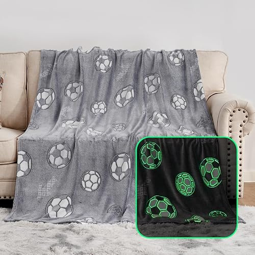 UOMNY Manta que brilla en la oscuridad para niños, manta suave de fútbol para niños, manta luminosa para sofá, regalo del día de San Valentín, manta luminosa, gris, 50 x 60 pulgadas