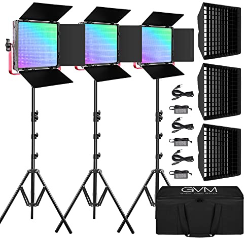 GVM Lot de 3 panneaux lumineux LED RVB 1200D, kit d'éclairage vidéo 50 W avec contrôle par application, kit d'éclairage de photographie 3200 K-5600 K pour studio, coque en alliage d'aluminium, IRC 97,