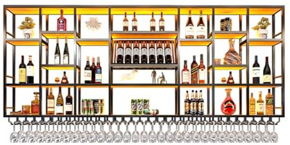 Moderno supporto da parete per bicchieri da vino, scaffale per bottiglie di vino, per casa, bar, sala da pranzo, decorazione nera (250 x 20 x 120 cm)