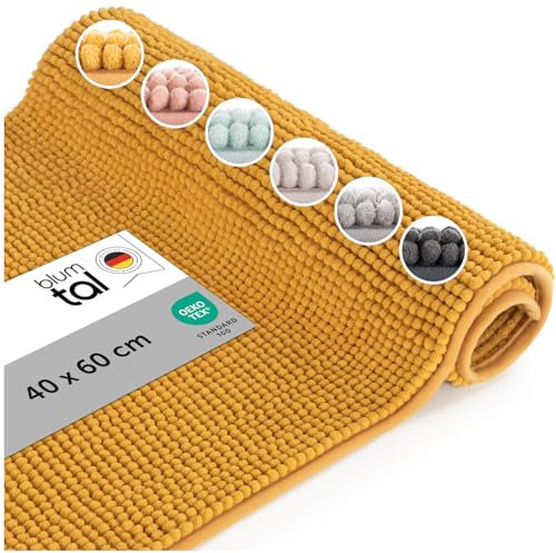 Blumtal Badematte 40x60 cm Hochflor Chenille - Oeko-TEX zertifizierter Badteppich - Badematten & Badteppiche - Duschvorleger - Badvorleger rutschfest waschbar - Badezimmer Vorleger - Bad Teppich Gelb