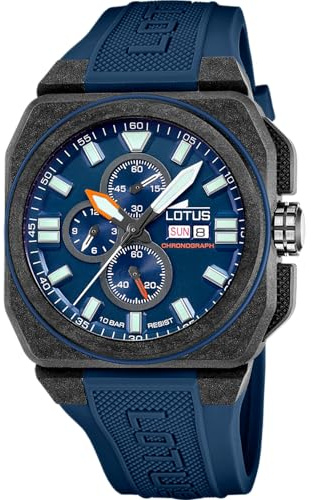 LOTUS Reloj Hombre Analógico de Caucho Azul - Movimiento de Cuarzo - Cronógrafo - Calendario - Cristal Mineral de Alta Resistencia - Resistente al Agua 10 ATM 18976/3 Chrono