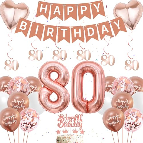 80th Happy Birthday Decorations Women - 44 Pieces Rose Gold Birthday Party Decoration, 80 Banner Hanging, 80th Foil Balloons, Happy Banners, Heart Balloon, Cake Topper for Womens 80 Year Old Supplies