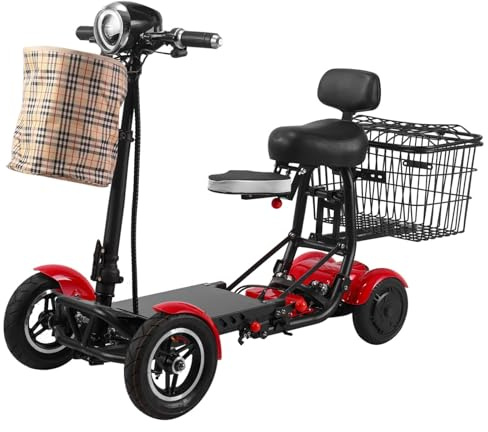 Carrozzina Pieghevole Elettrica A Quattro Ruote｜Scooter Portatile Per Anziani｜Sedia Da Viaggio Transit A Più Marce(Red,36V 10.4A)