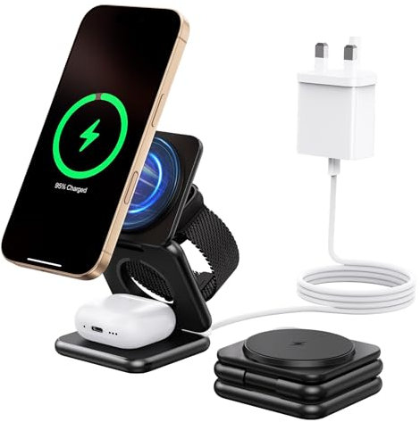 Alilong sans Fil Chargeur Induction, 3 en 1 Chargeur Mag-Safe [Alliage Zinc] Pliable Voyage Magnétique Station de Charge for Apple iPhone 16/15/14/13/12/Pro/Max/Plus Apple Watch AirPods, Noir