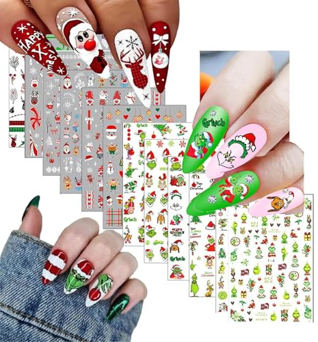 Nagelsticker Weihnachten,12 Blatt Grinch Nail Sticker Weihnachten,Weihn achtsmann Nagelaufkleber Weihna chten Nagel Sticker,Grinch Deko Weihn achtssticker Nägel