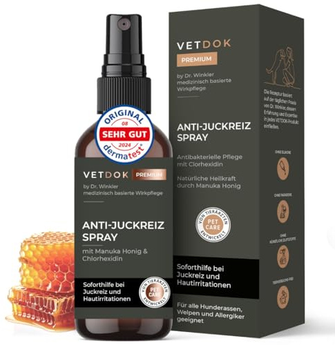 VetDok by Dr. Winkler – Anti-Juckreiz Spray & Wundspray mit Manuka-Honig – Für Hunde, Katzen, Pferde & Kleintiere – Bei Zeckenbissen, Wunden, Allergien & sensibler Haut 75ml