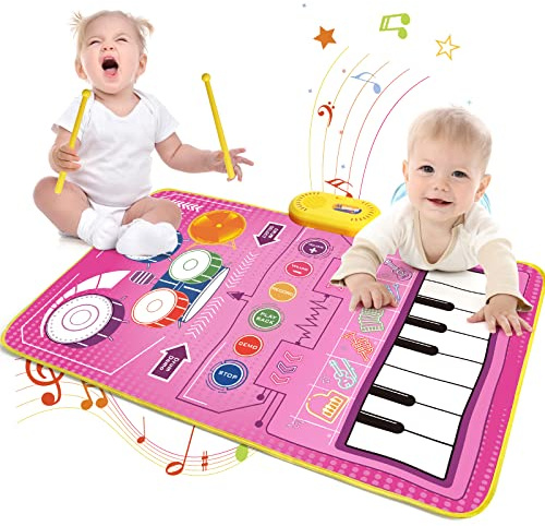 Tappeto Musicale Bambini, 2 in 1 con Pianoforte e Tamburo Giocattoli Montessori Neonato Strumenti Musicale, Tappetino Gioco Regalo compleanno Natale per Ragazze Ragazzi 1 2 3 4 5 Anni
