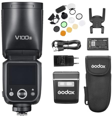 Godox V100S Camera Flash with AK-R1 Accessories Kit 2.4G Wireless 100Ws Round Head TTL Speedlite with Touch Screen, LED Modeling Lamp, Sub Flash, Lithium Battery Replacement for Sony