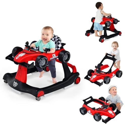 GOPLUS 4 in 1 Baby Lauflernhilfe, Lauflernwagen höhenverstellbar mit Licht & Musik, Baby Walker Autoförmig mit Einstellbarer Geschwindigkeit, Gehfrei für Kinder ab 6 Monaten (Rot)