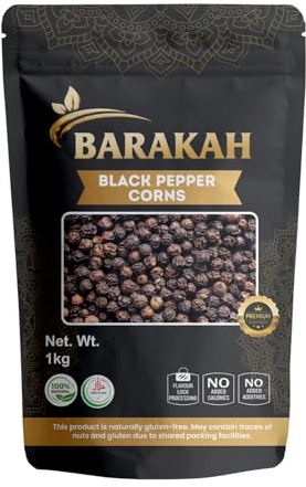 Barakah Black Peppercorns 1kg - Whole Black Pepper Corns for Grinder Refill & Pepper Mill - 100% Natural, Bold & Aromatic Whole Peppercorns - Non-GMO & Vegan Black Pepper 1 kg Bulk Bag