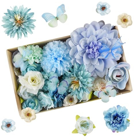 Joyblossom Kunstblumen zum Basteln, 26 Stück Seidenblumen zum Basteln, Künstliche Blütenköpfe, Dekoblumen für DIY Tischdekoration Blumensträuße Hochzeit Girlande Scrapbooking Kunsthandwerk, Blau