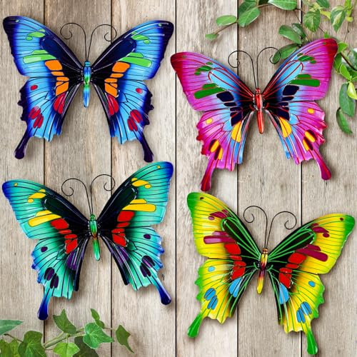 Giyiprpi 4 Pack Metal Butterfly Wall Decor, 9.7 3D Colorful Outdoor Fence Wall Art Decor, Hanging Decoration for Garden Backyard Living Room Balcony Patio Indoor, Gift for Kids Family Friends