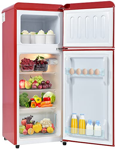 Oslghy Frigorífico Mini 92L, Frigorifico Pequeño con Congelador (28L+64L), Frigorifico Combi con LED, 105,5x41x45,5 cm Frigorífico no Frost con 2 Estantes Ajustables, 116 kWh/año, -27°C∽13°C (Red)