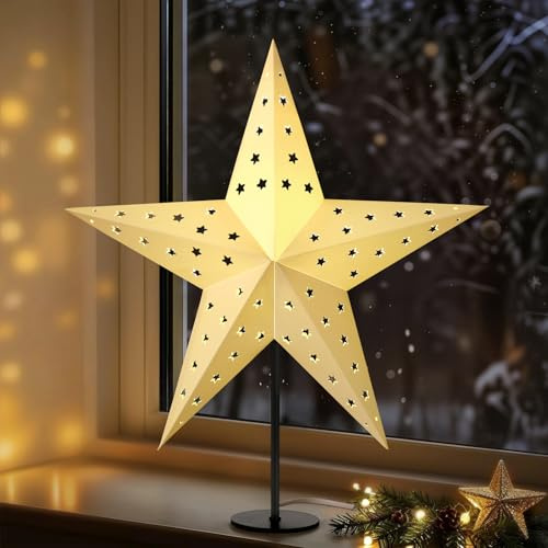 Lewondr 3D Papiersterne Weihnachten Tischlampe, 17,72 Ausgehöhlter 5-zackiger Weihnachtsstern Beleuchtet mit E14 LED-Birne, Weihnachtsstern Stehend Weihnachtsdeko mit Eisenbasis für Innen Feiertag