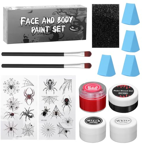Halloween Schminke - Halloween Make up Schwarze Weiße Rot Gesichtsfarbe Make up Pinsel Kunstblut Aufkleber Makeup Schwamm, Schminke Set für Erwachsene Kinder Vampir Zombie Clown Makeup