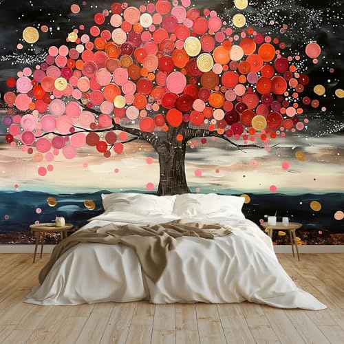 Fototapete Ölgemälde Rote Blätter Tapete Wandtapete Wanddeko Design 250x175 cm Mustertapete Wand Dekoration Wohnzimmer Schlafzimmer Büro Flur, Dunkel