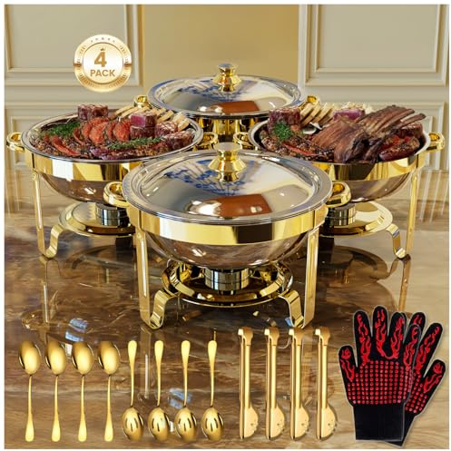 Round Chafing Dishes for Buffet 4 Pack, 6QT Chafers and Buffet Warmers Sets with 2 Heat-Proof Gloves, 4 Spoons, 4 Slotted Spoons & 4 Tongs, Gold Chafing Dishes for Buffet Parties Gatherings