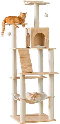 Quuzee Large Modern Cat Tree - 178 cm Tall Cat Tower for Indoor Cats, Multi-Level Cat Condo with 7 Fully Wrapped Scratching Posts,2 Spacious Perches, Hammock, Cozy Pad & Dangling Balls-Light Brown