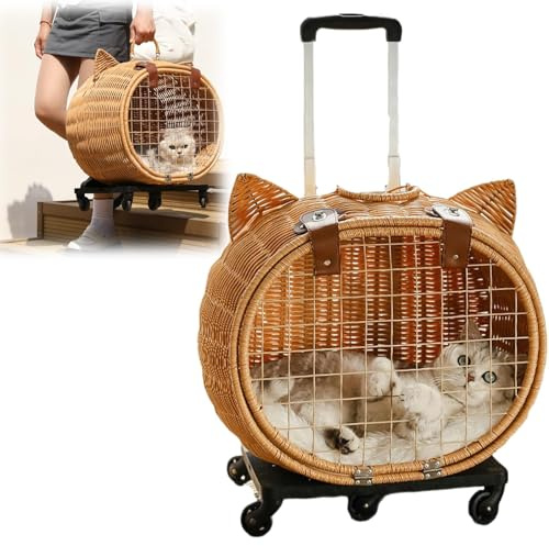 Chariot portable pour chats et petits chiens – Valise en bambou tissé à la main avec roulettes, sac de transport léger pour l'extérieur, sac de transport en rotin tissé