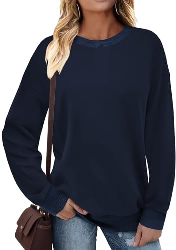 Cuptacc Sweatshirt kvinnor jumper rund hals långärmad t-shirts kvinnor toppar färgblock eleganta skjortor, marinblå, L
