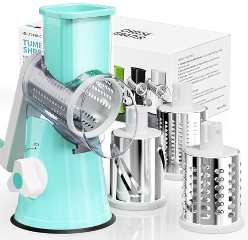 Nexsujo Cheese Grater Hand Crank, Rotary Cheese Shredder with 3 Interchangeable Blades for Coarse, Fine Shredding and Slicing, Strong Suction Base for Pizza, Pasta, Salad, Vegetables, Nuts, Chocolate